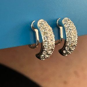 Vintage ROMAN Signed Clear Rhinestones Silver Tone Half Hoop Clip Earrings